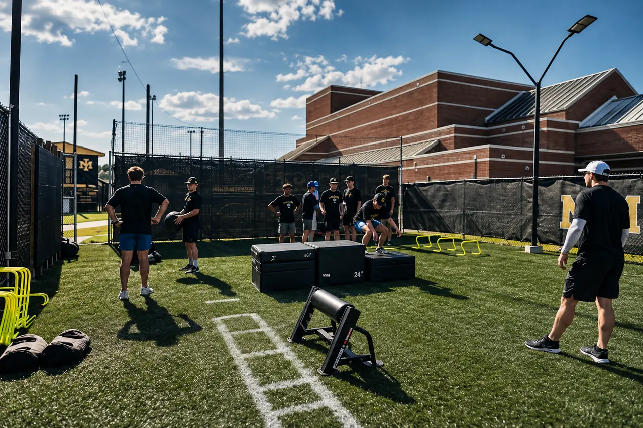 Wide training session with multiple athletes, boxes, hurdles, equipment, and a coach beside the FLXPOD