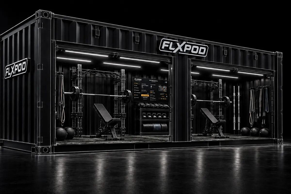 Two-bay FLXPOD performance system with integrated racks, benches, weights, storage and lighting