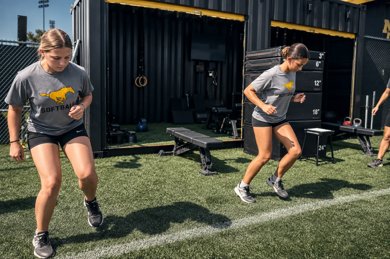 Two softball athletes training beside the open FLXPOD