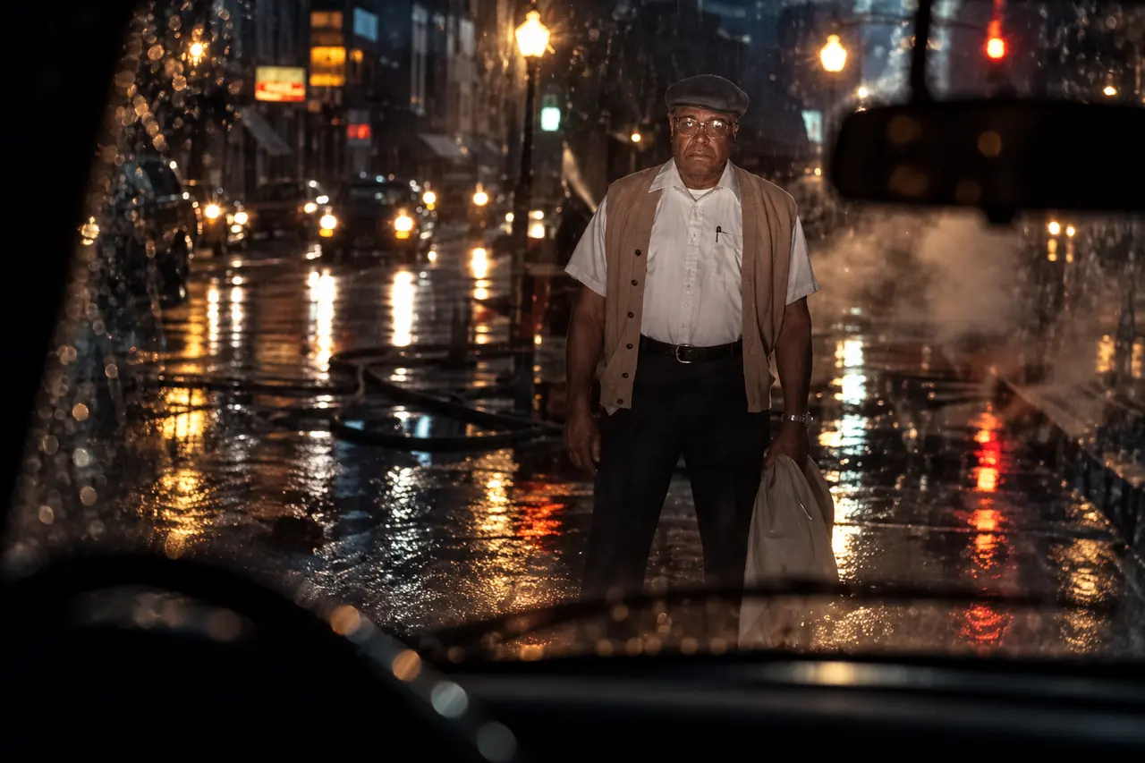 James Earl Jones standing in a rain-soaked city street at night, viewed through a car windshield.