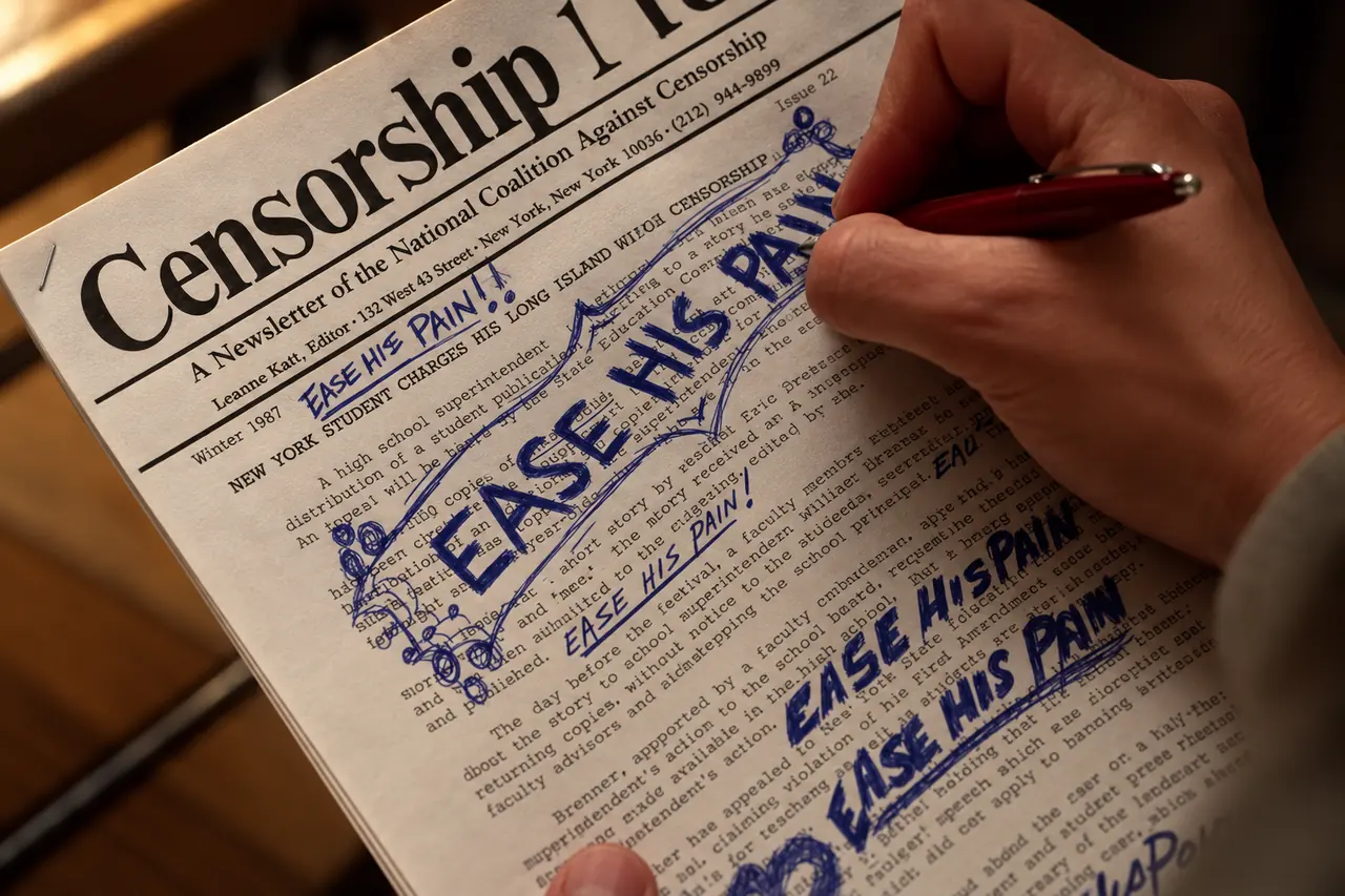 A newsletter covered with handwritten repetitions of the words ‘Ease His Pain.’