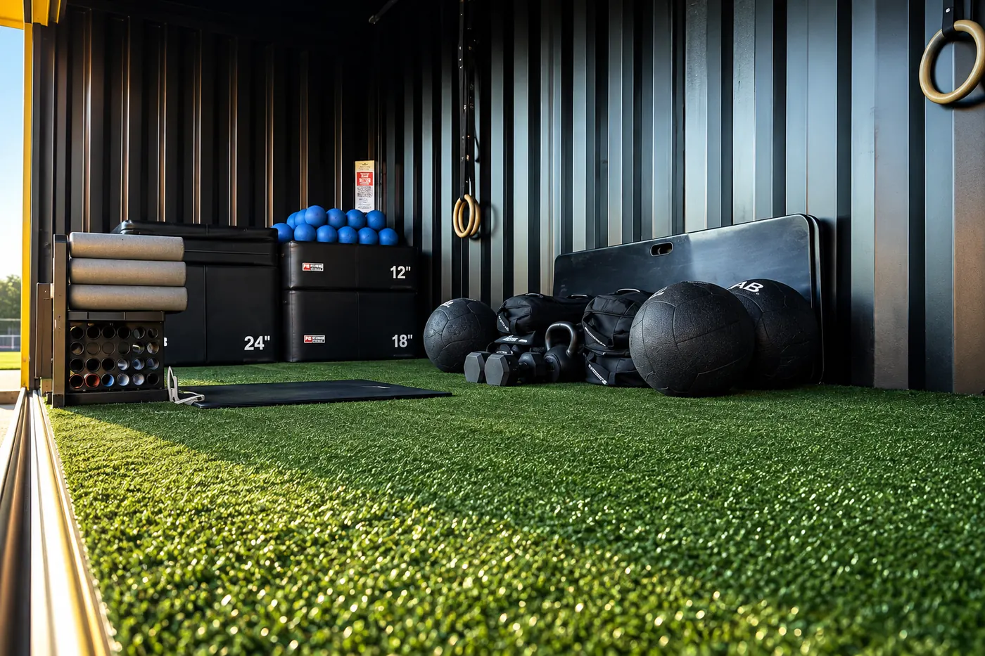 Organized medicine balls, boxes, rings, dumbbells, and turf inside the FLXPOD