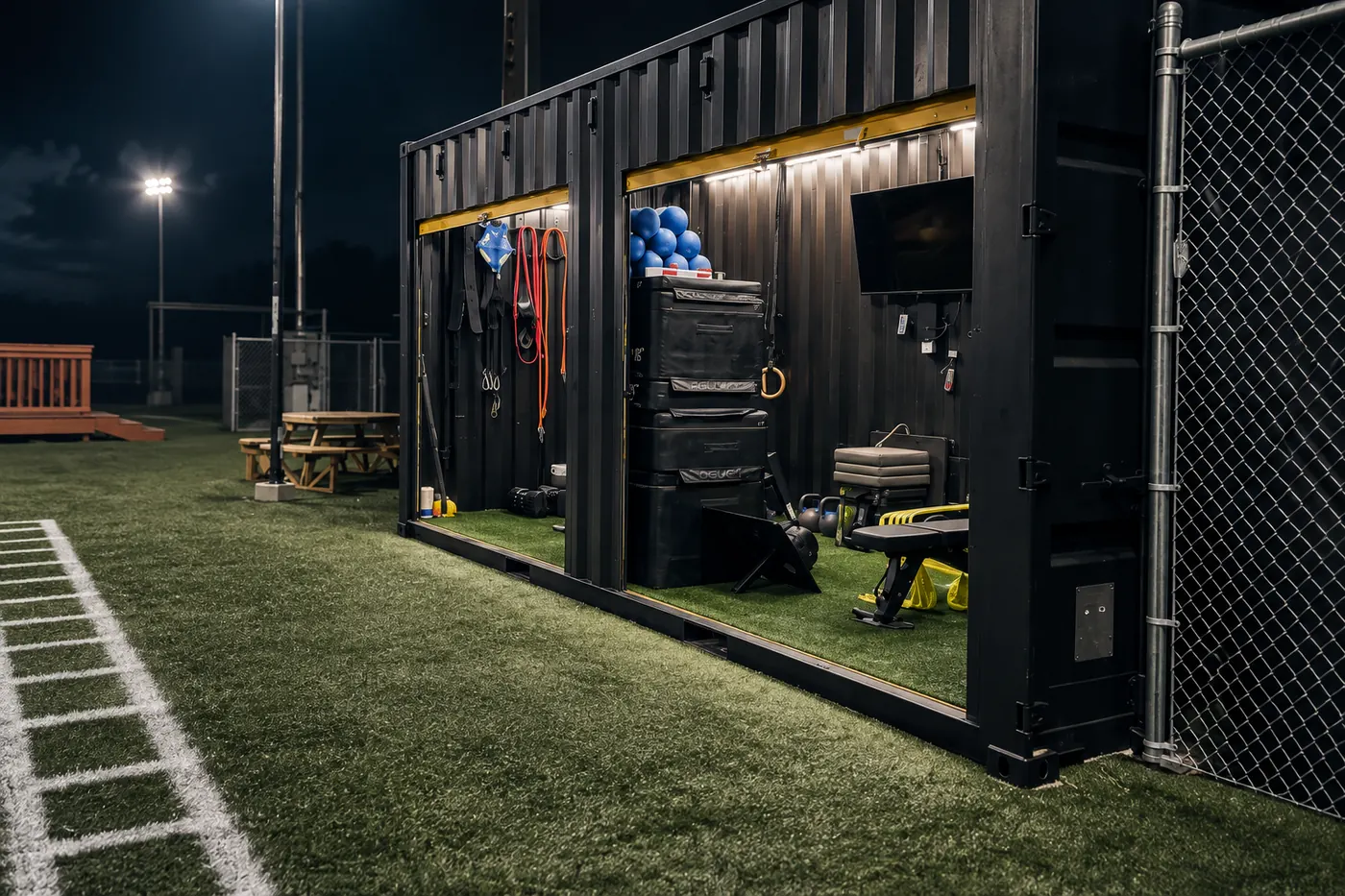 The FLXPOD open and illuminated under the field lights at night